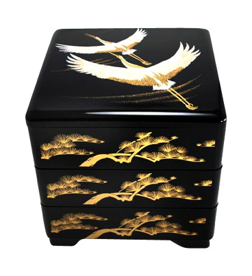 Black Lacquer Stack Box with Two Flying Cranes, 7-3/4W
