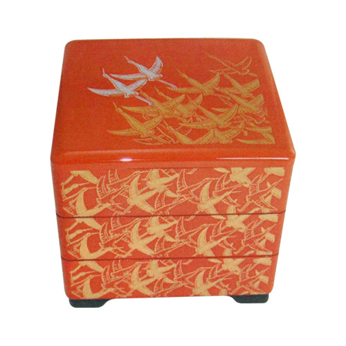 Red Lacquer 3 Tier Stack Box with Thousand Cranes, 7-3/4W