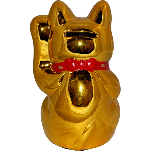 Gold Color, Maneki Neko Lucky Cat w/ Left Hand Raised, 6H, photo-1