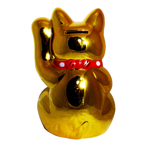 Gold Color, Maneki Neko Lucky Cat w/ Left Hand Raised, 8H, photo-2