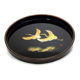 Japanese Round Black Lacquer Tray - Two Cranes, 12D