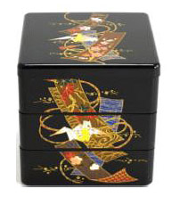 3 Tier, Black Lacquer Stack Box with Crane, Small - 3.5W