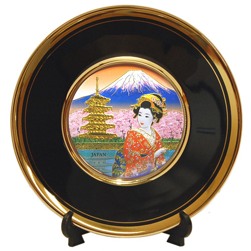 Geisha/Pagoda Scenery, 6 Black Chokin Plate