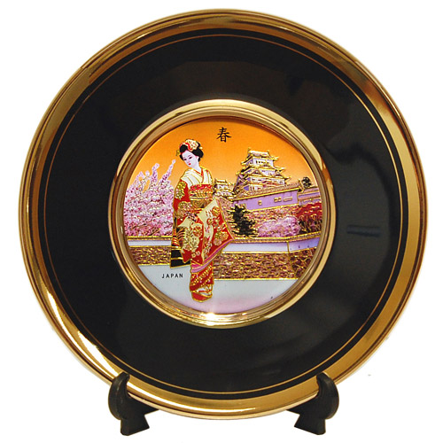 Geisha/Castle Scenery, 6 Black Chokin Plate