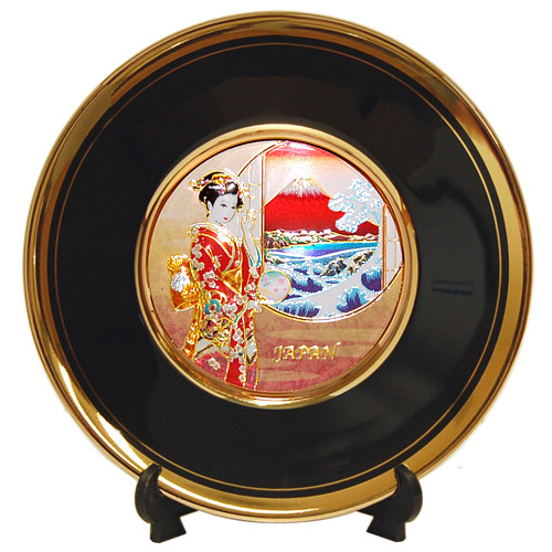 Geisha/Mt. Fuji Drawing, 6 Black Chokin Plate