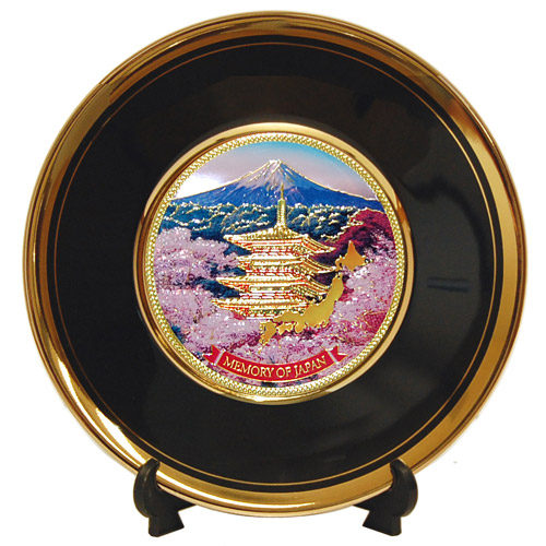 Japanese Scenery of Pagoda/Sakura, 6 Black Chokin Plate