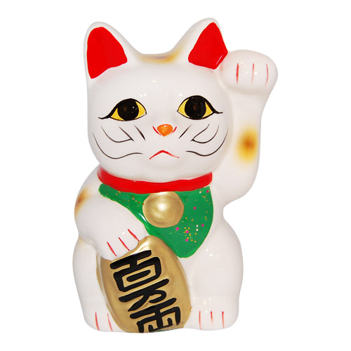 White Color, Maneki Neko Lucky Cat w/ Left Hand Raised, 5-1/4H