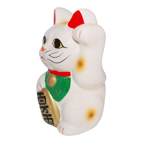 White Color, Maneki Neko Lucky Cat w/ Left Hand Raised, 5-1/4H, photo-1