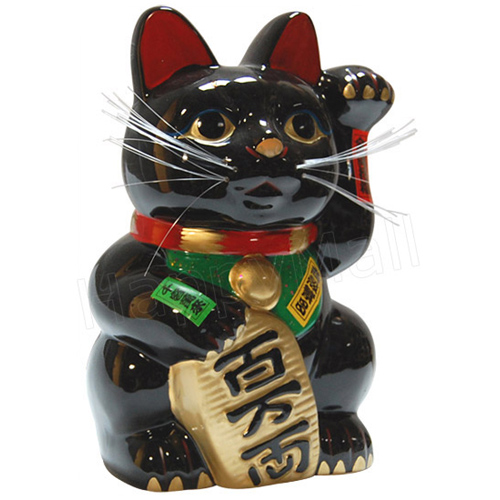 Black Maneki Neko Lucky Cat w/ Left Hand Raised, 10H, photo-1