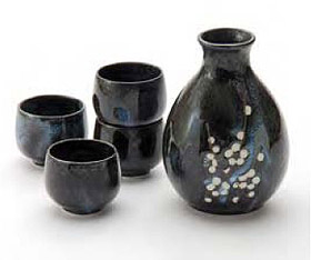 Sake Set - 1&4, Cherry Blossom with Blue Highlights on Black