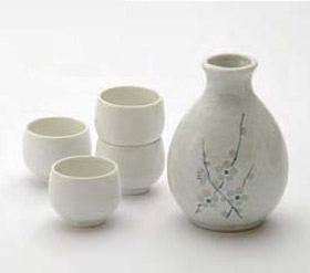 Sake Set - 1&4, White with Cherry Blossom