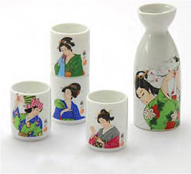 Sake Set - 1&4, Japanese Lady Painting