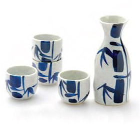Sake Set - 1&4, Blue/White Bamboo