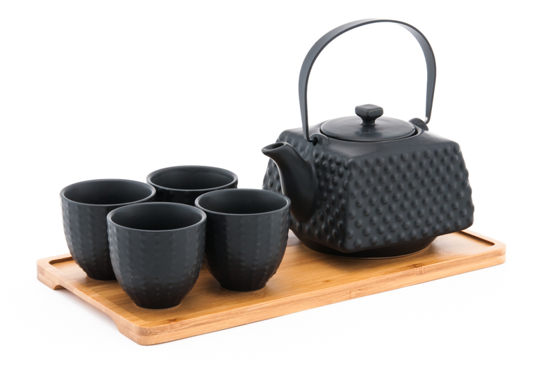 1&4, Asian Tea Set with Strainer and Tray, Square Black