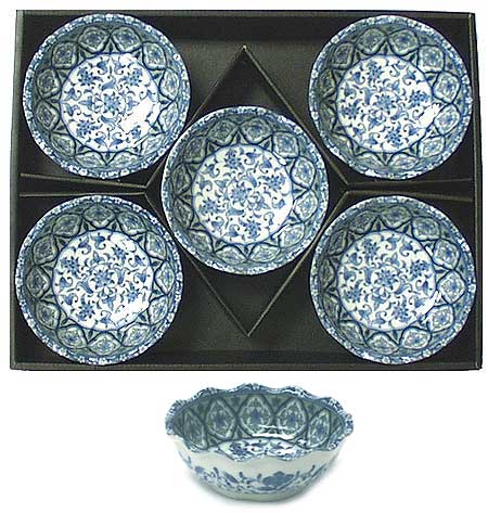 5 Bowl Set, Blue Flower, 4.7 Diameter