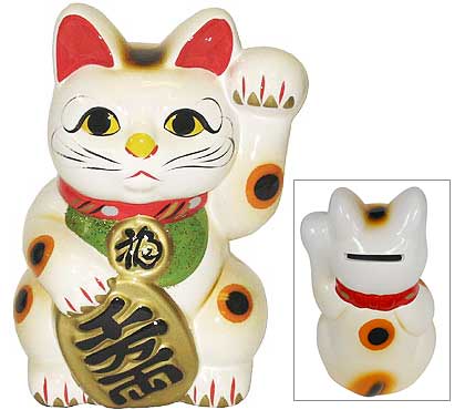 White Color, Maneki Neko Lucky Cat w/ Left Hand Raised, 8