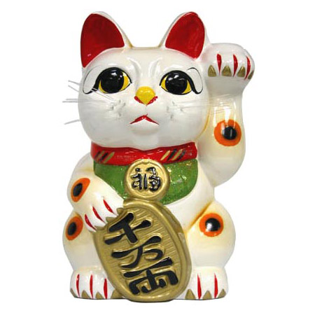 White Color, Maneki Neko Lucky Cat w/ Left Hand Raised, 10