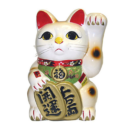 White Color, Maneki Neko Lucky Cat w/ Left Hand Raised, 15