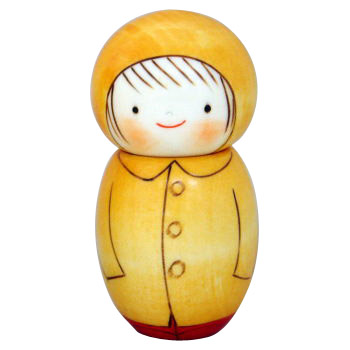 Kokeshi Doll, Rain Coat (Red Base), 4.8H