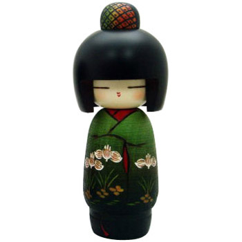 Kokeshi Doll, Elegant Lady in Green Kimono, 8H