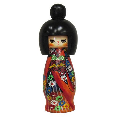 Kokeshi Doll, Young Lady in Fancy Floral Kimono, 7.5H