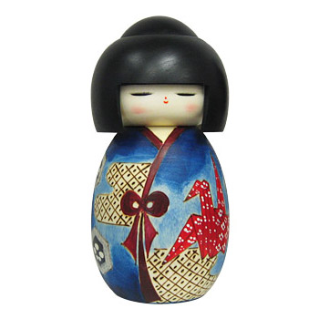 Kokeshi Doll, Lady Wearing Origami Crane Design, 6.75H