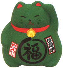 Cute Lucky Cat in Green, w/ Left Hand Raised, 3-1/2