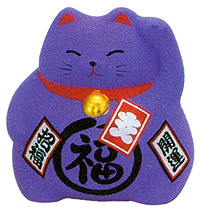 Cute Lucky Cat in Purple, w/ Left Hand Raised, 3-1/2