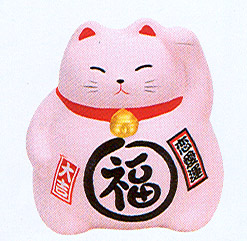 Cute Lucky Cat in Pink, w/ Left Hand Raised, 3-1/2