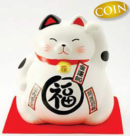 Cute Lucky Cat in White, w/ Left Hand Raised, 8-1/4