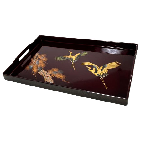 Japanese Rectangular Lacquer Tray with Handles - Gold Cranes, 19L