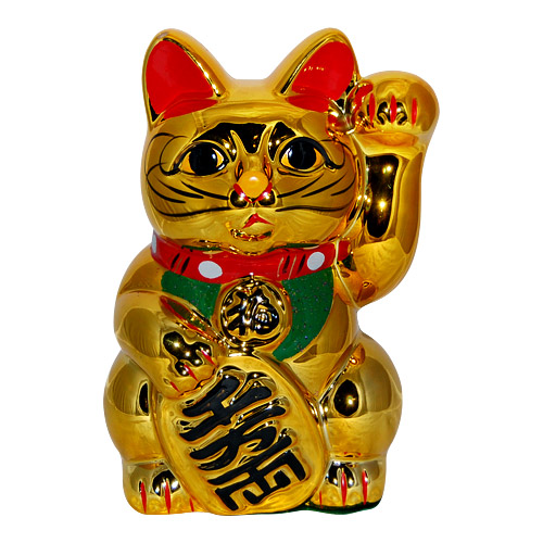 Gold Color, Maneki Neko Lucky Cat w/ Left Hand Raised, 12H