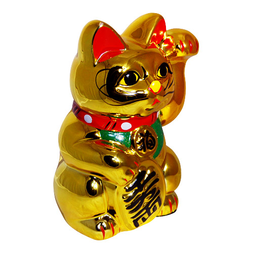 Gold Color, Maneki Neko Lucky Cat w/ Left Hand Raised, 12H, photo-1