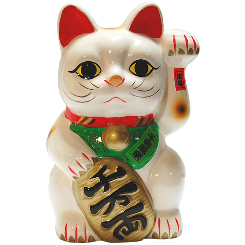 White Color, Maneki Neko Lucky Cat w/ Left Hand Raised, 7H