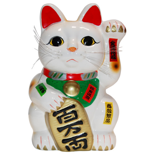 White Color, Maneki Neko Lucky Cat w/ Left Hand Raised, 10