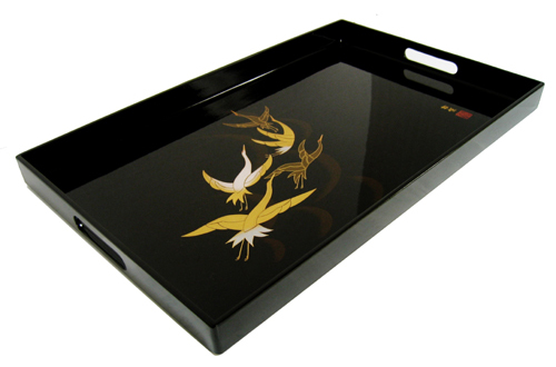 Japanese Black Lacquer Tray with Handles - Flying Cranes, 19L