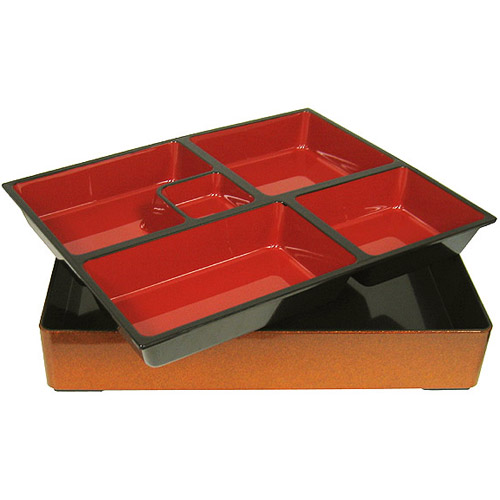 Lunch Box, Rectangular Bento Box 11-3/4x9-1/2, Red/Gold, photo-1