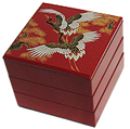 3 Tier, Red Lacquer Stack Box w/ Cranes, 7-3/4W