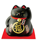 Cute Lucky Cat in Black, w/ Left Hand Raised, 8-1/4