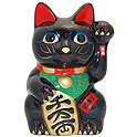 Black Maneki Neko Lucky Cat w/ Left Hand Raised, 8H