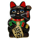 Black Maneki Neko Lucky Cat w/ Left Hand Raised, 10H