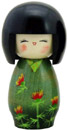 Lady in Green with Red Flower, Kokeshi Doll 5.2 H