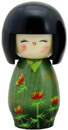 Lady in Green with Red Flower, Kokeshi Doll 5.2H