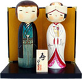 Japanese Kokeshi Wedding Doll Set, Bride and Groom, 7.6H