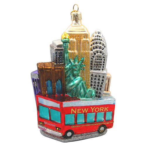 New York City Red Tour Bus Cityscape Glass Ornament