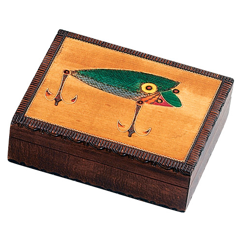 Wood Box for Fishing, Carved with Fishing Lures, 5.25L