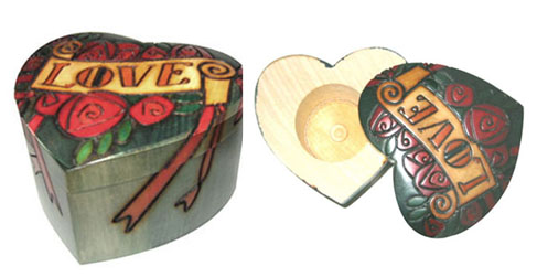 Carved Wooden Box - Love Heart Swivel Box, 3-3/8L
