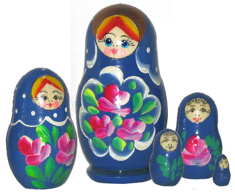 3 Miniature Russian Doll Set - 5 Nesting Dolls, Sky Blue