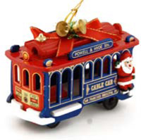 San Francisco Christmas Wooden Cable Car Ornament Red/Blue with Santa, 4L